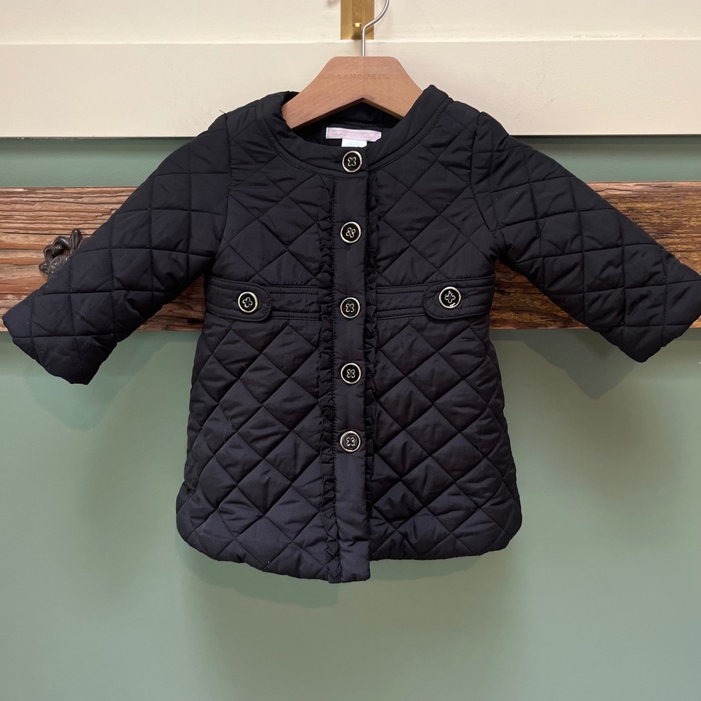 Janie and Jack Kids Black Quilted Barn Jacket Ruffle Trim Crest Buttons 6-12M